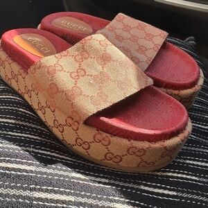 Gucci Red and Beige Platform Sandals NEW